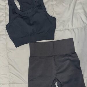 Dark Gray Ribbed Sports Bra and Leggings Set